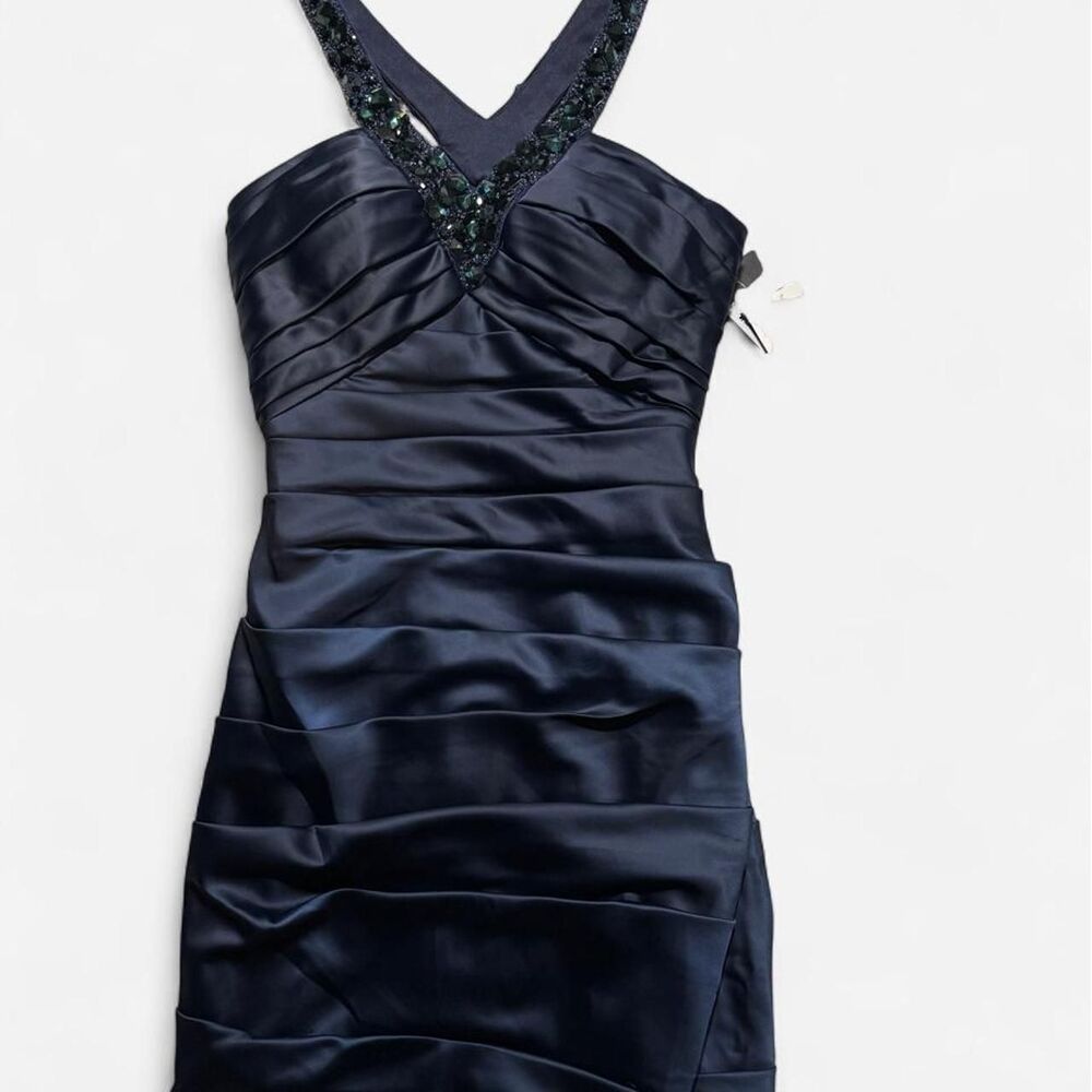 La Femme Navy Halter Cocktail Dress